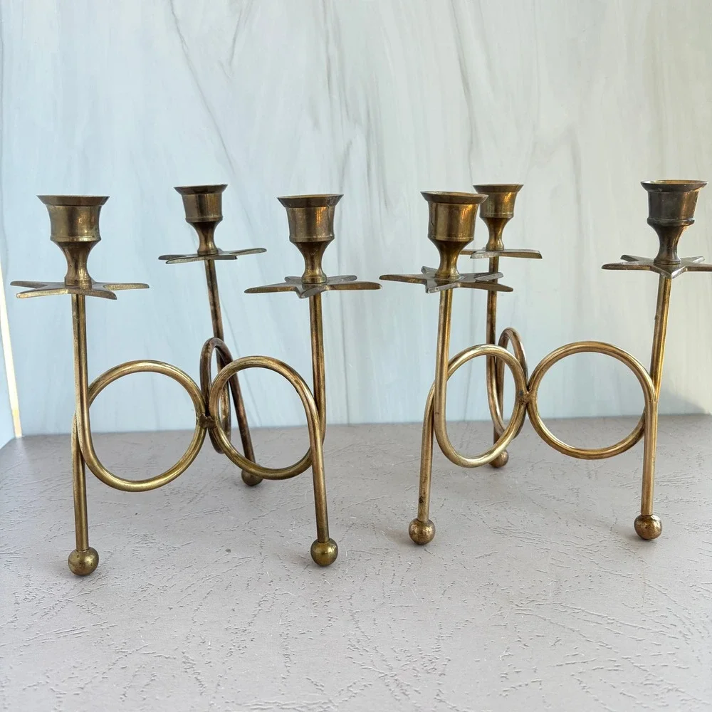 Vintage Brass Star Candelabra Pair Celestial 3-Light Taper Candle Holders Set 2